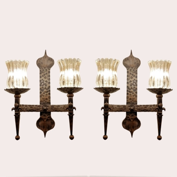 Pair of wrought iron 2 branch wall sconces 