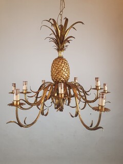 Pineapple chandelier in wrought iron and gilded sheet metal, circa 1950