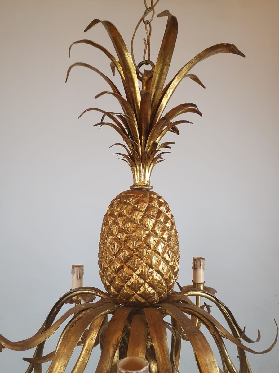 Pineapple chandelier in wrought iron and gilded sheet metal, circa 1950