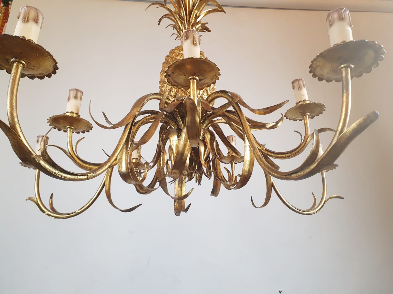 Pineapple chandelier in wrought iron and gilded sheet metal, circa 1950