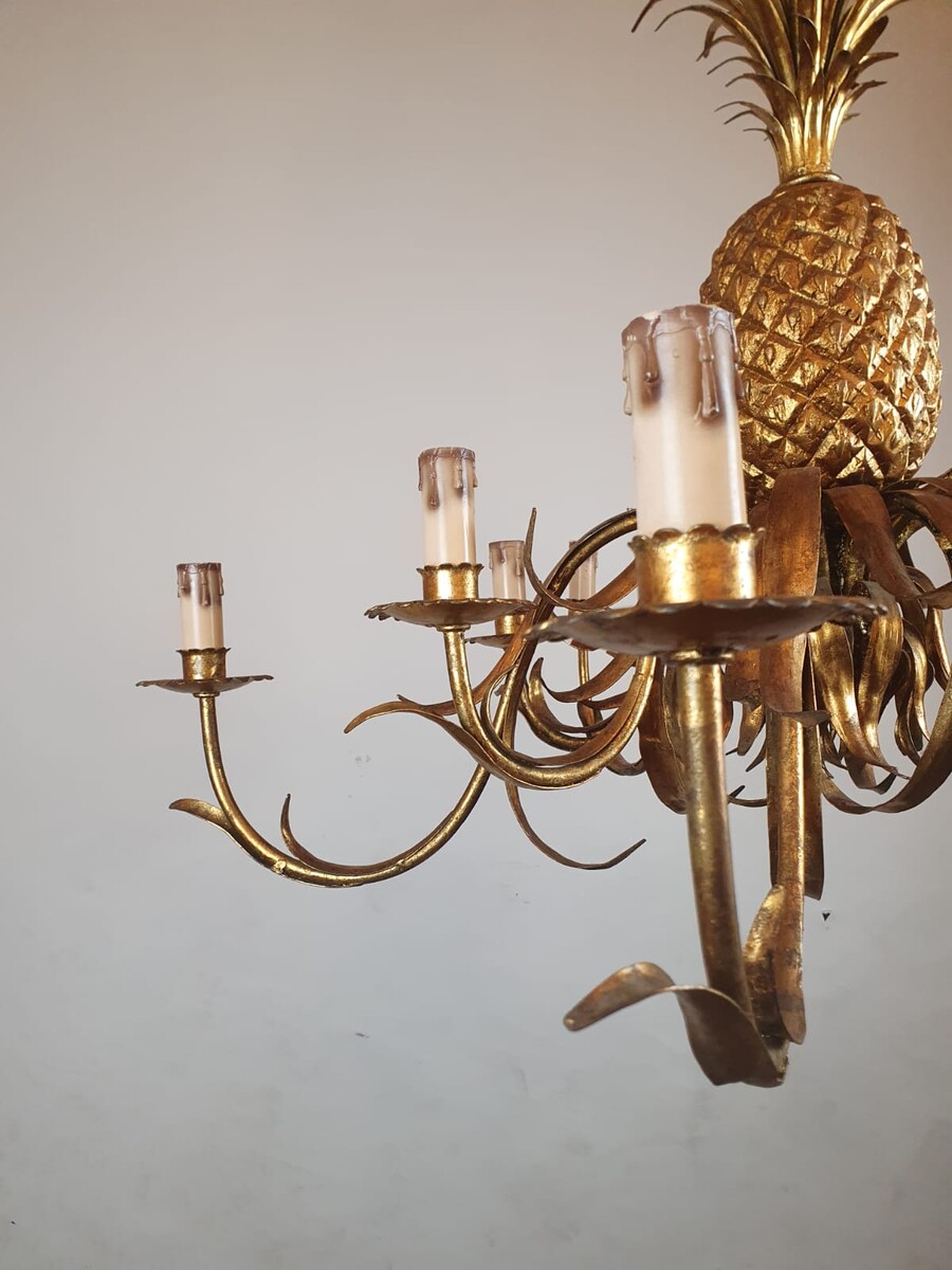 Pineapple chandelier in wrought iron and gilded sheet metal, circa 1950