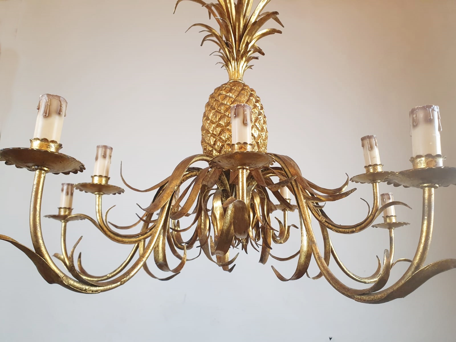 Pineapple chandelier in wrought iron and gilded sheet metal, circa 1950