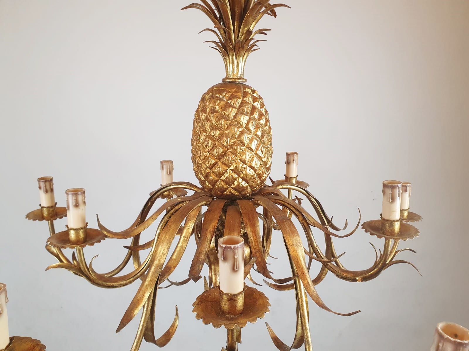 Pineapple chandelier in wrought iron and gilded sheet metal, circa 1950