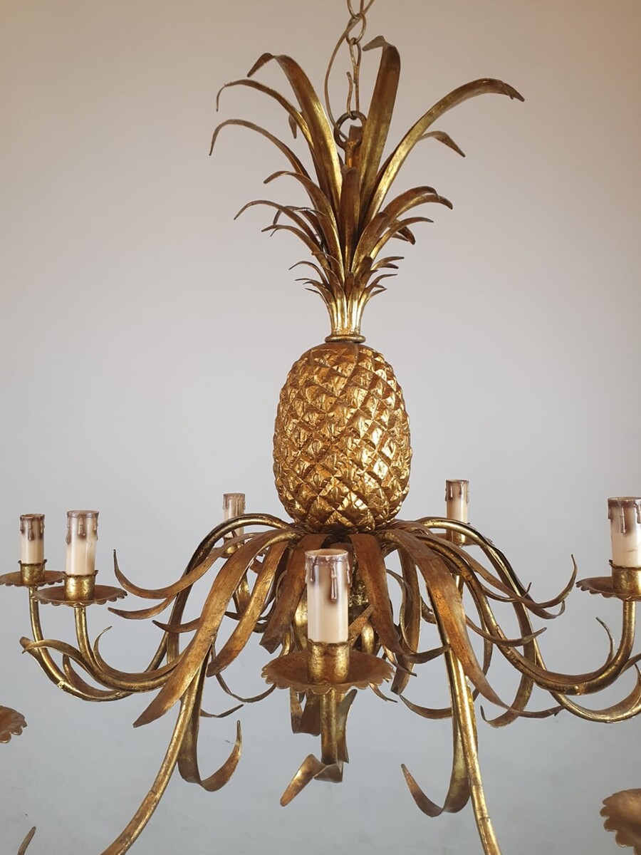 Pineapple chandelier in wrought iron and gilded sheet metal, circa 1950