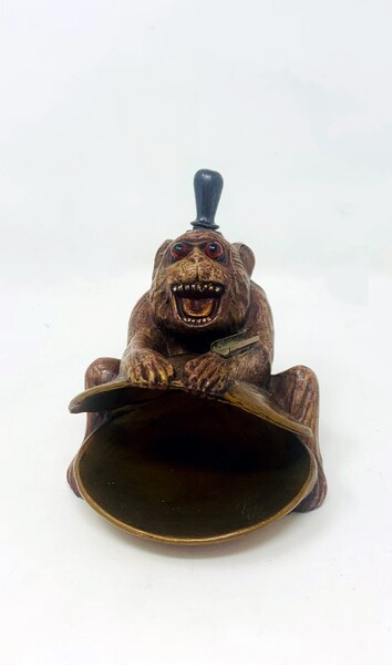 Polychrome bronze monkey lighter - sulphide eyes - complete with scraper and 