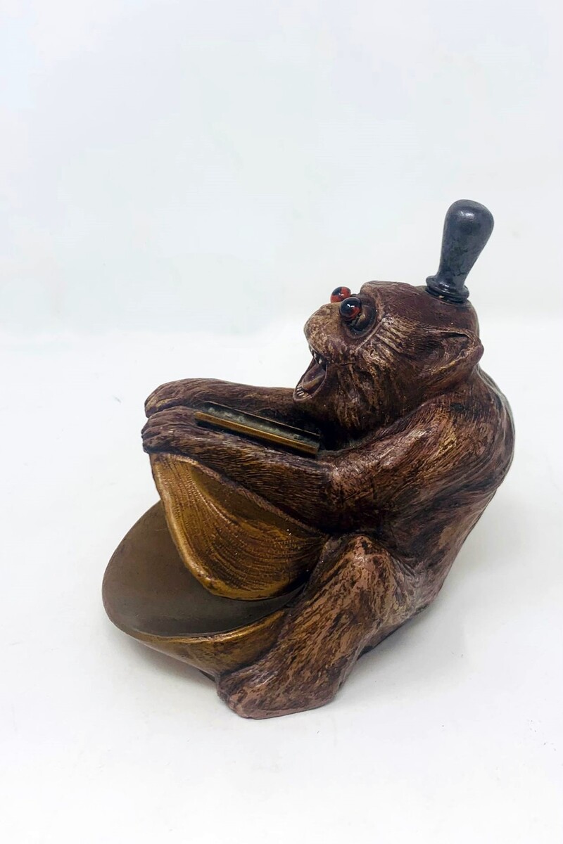 Polychrome bronze monkey lighter - sulphide eyes - complete with scraper and 