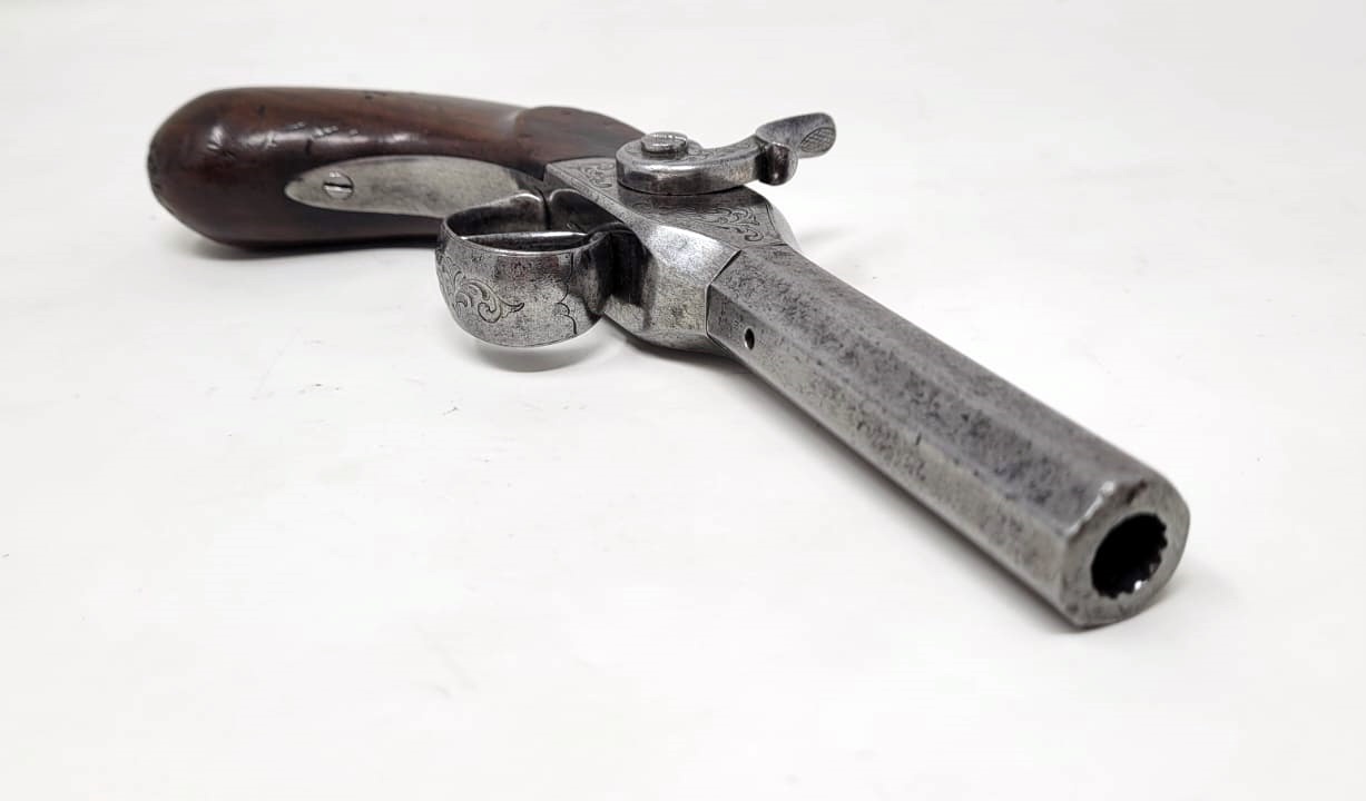 rare needle percussion pistol - side hammer - damascus barrel - rifled barrel - unscrewable for loading - Liège circa 1850