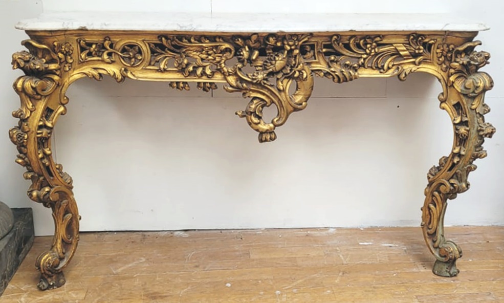 richly carved gilded wooden console console in good condition (some chips in the marble) circa 1850