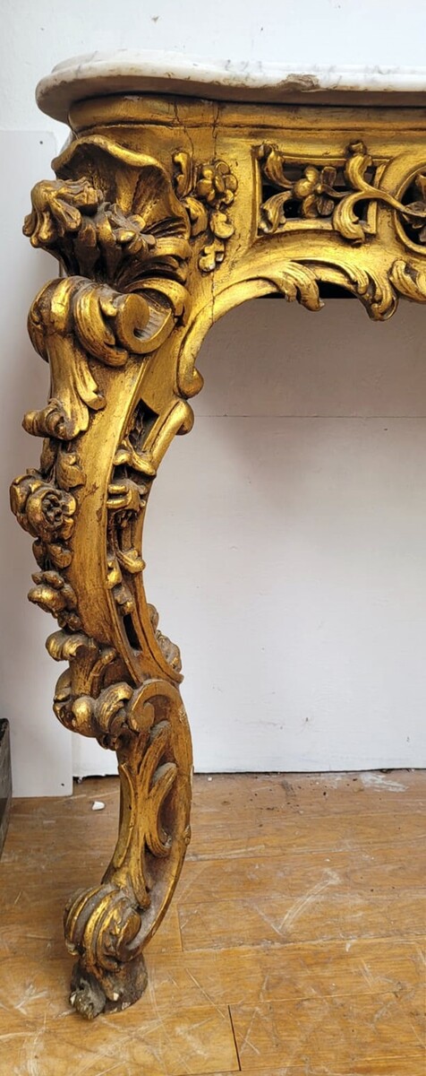 richly carved gilded wooden console console in good condition (some chips in the marble) circa 1850