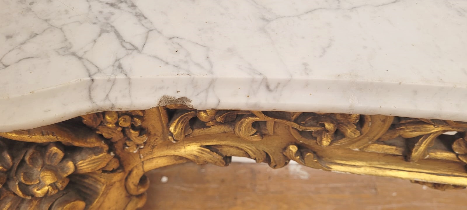 richly carved gilded wooden console console in good condition (some chips in the marble) circa 1850