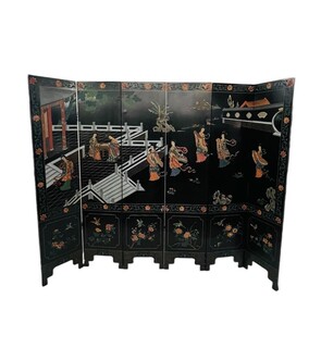 screen with 6 panels in lacquered and carved wood - double-sided decorations - China - circa 1950