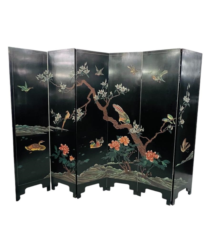 screen with 6 panels in lacquered and carved wood - double-sided decorations - China - circa 1950