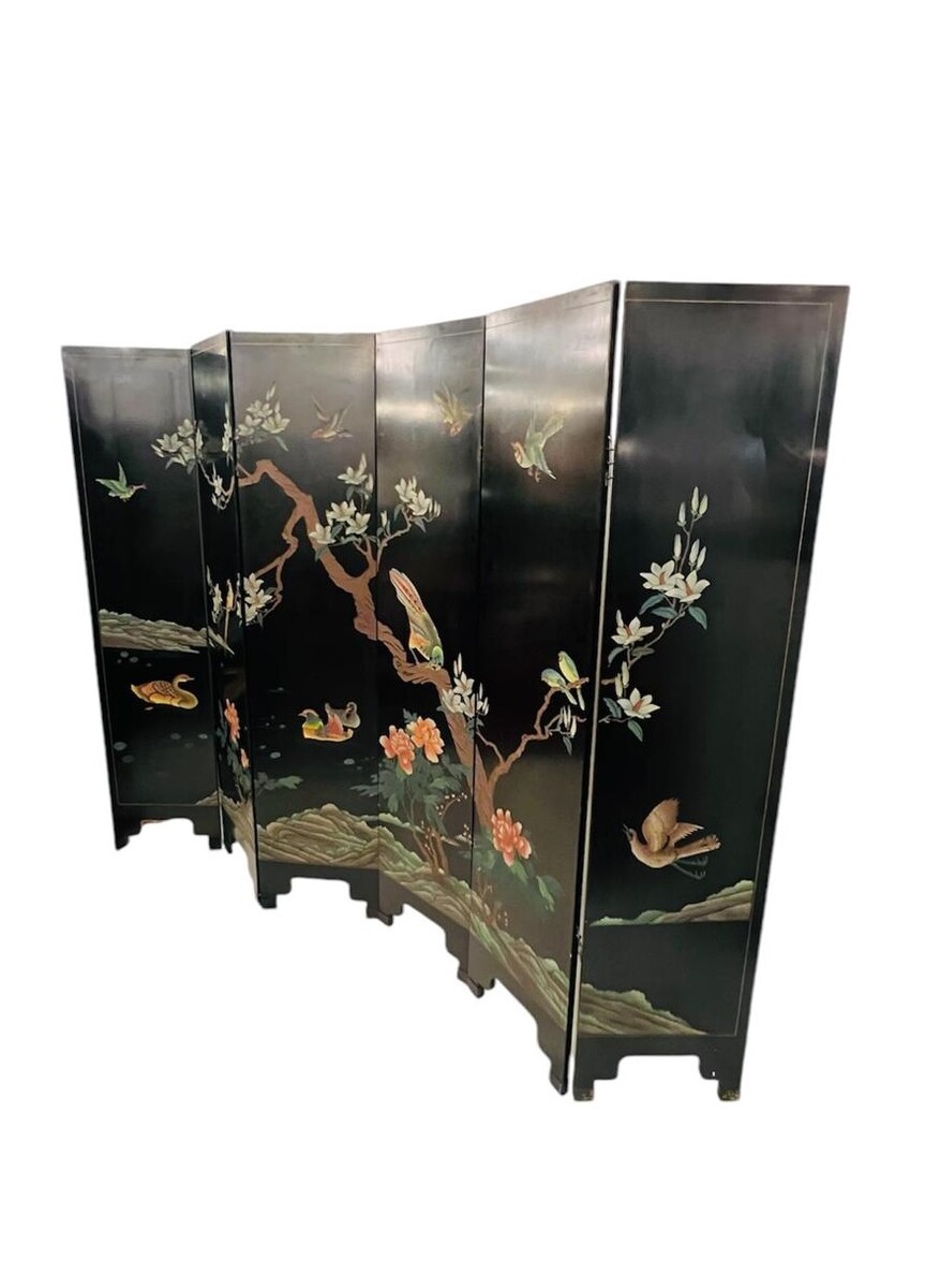 screen with 6 panels in lacquered and carved wood - double-sided decorations - China - circa 1950