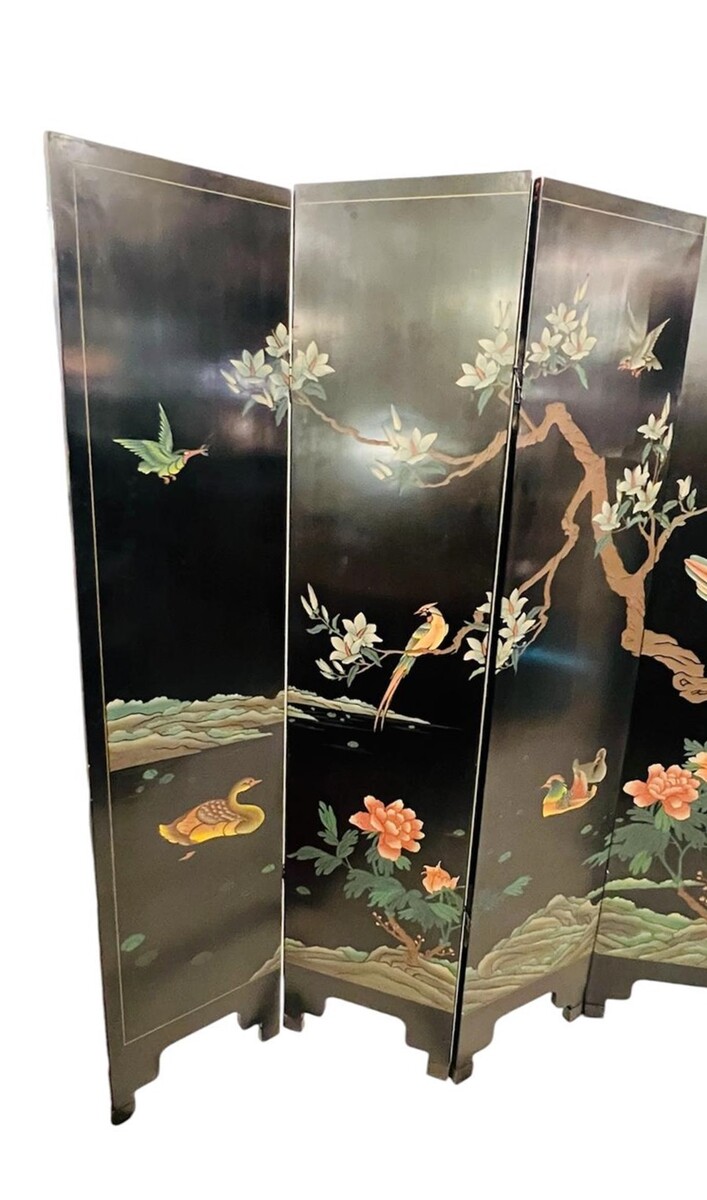 screen with 6 panels in lacquered and carved wood - double-sided decorations - China - circa 1950