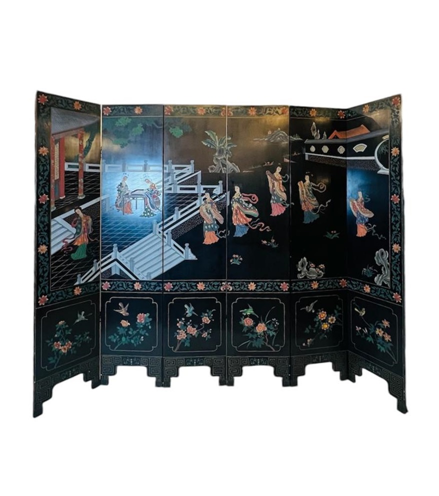 screen with 6 panels in lacquered and carved wood - double-sided decorations - China - circa 1950