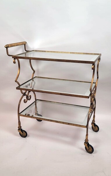 serving table in gold metal and glass - 3 levels - circa 1940