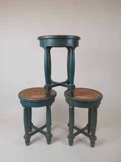 Set of 3 stools in green patinated wood, caned seats, 19th century