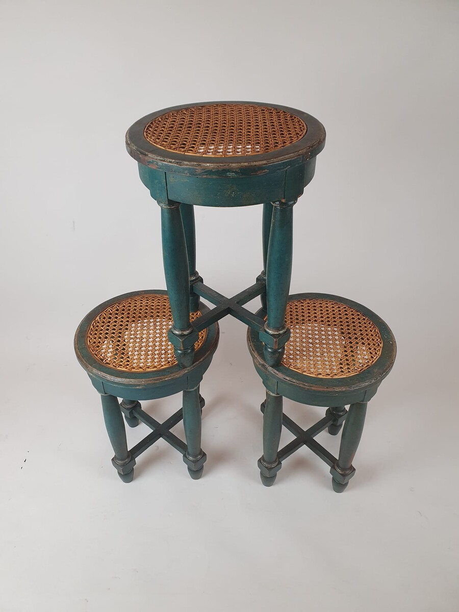 Set of 3 stools in green patinated wood, caned seats, 19th century