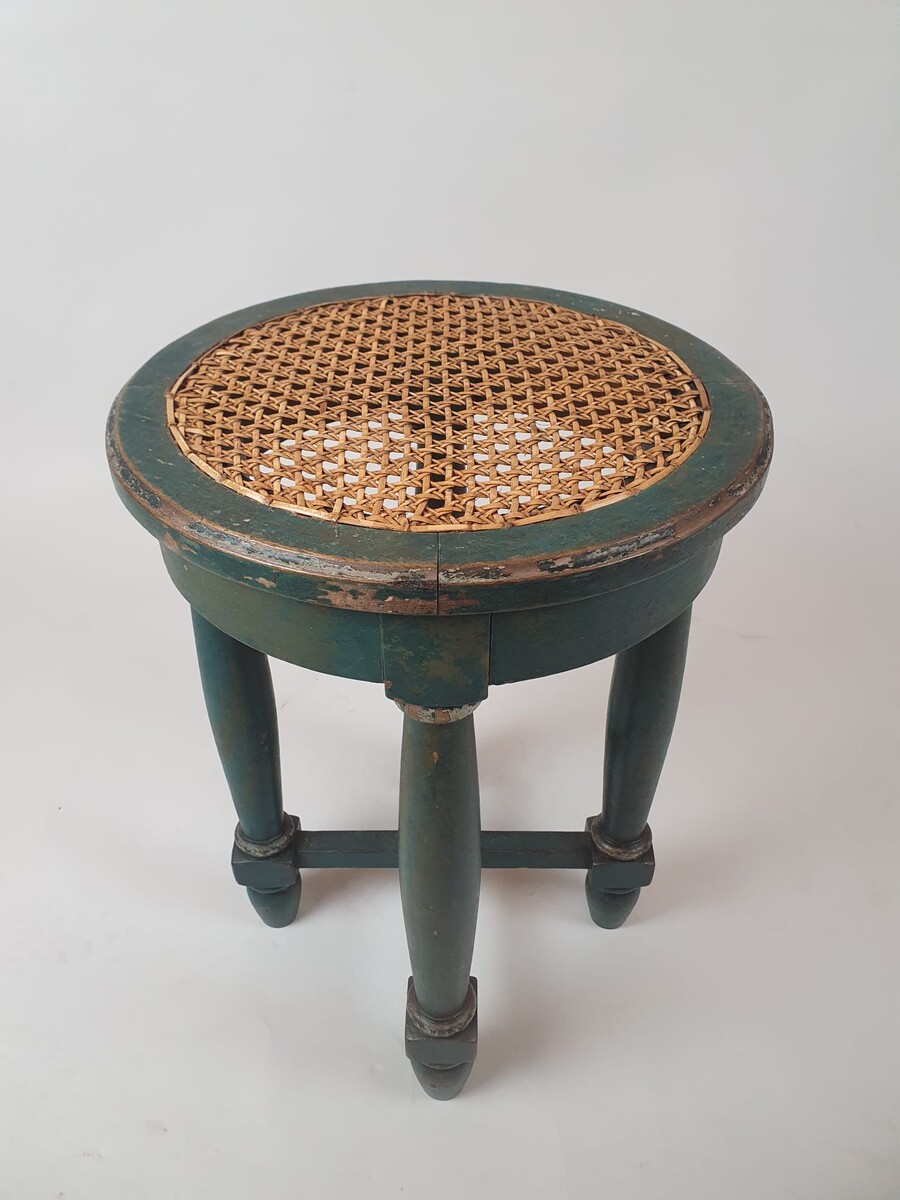 Set of 3 stools in green patinated wood, caned seats, 19th century