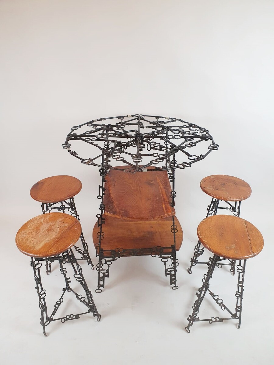 Side Table and its 4 Stools, Set Formed by Keys Welded Together, Folk Art, Spa Circa 1950