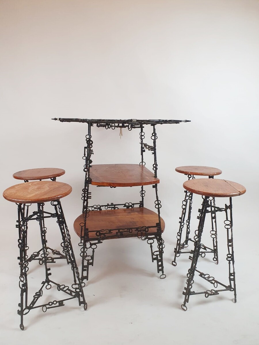 Side Table and its 4 Stools, Set Formed by Keys Welded Together, Folk Art, Spa Circa 1950