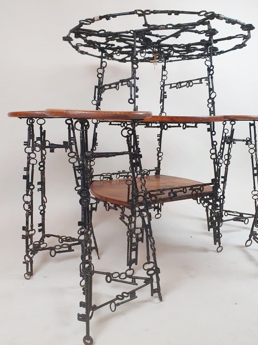 Side Table and its 4 Stools, Set Formed by Keys Welded Together, Folk Art, Spa Circa 1950