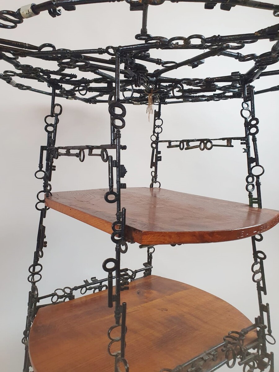 Side Table and its 4 Stools, Set Formed by Keys Welded Together, Folk Art, Spa Circa 1950