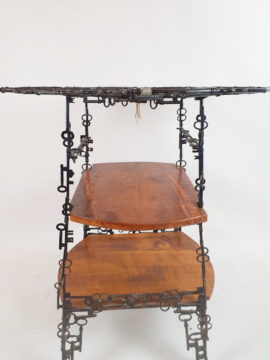 Side Table and its 4 Stools, Set Formed by Keys Welded Together, Folk Art, Spa Circa 1950