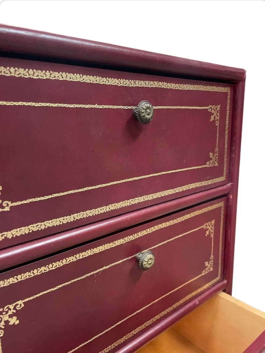 Small storage unit covered in shingle leather, circa 1970