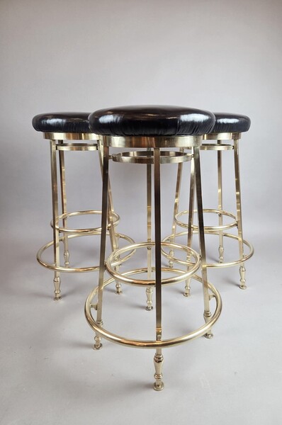 Suite of 3 brass barstools with leather seats, circa 1940