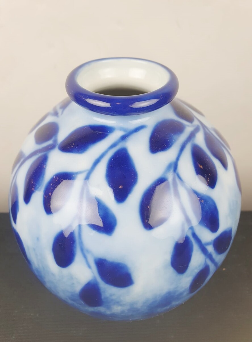 THARAUD Camille, small blue and white enameled earthenware vase