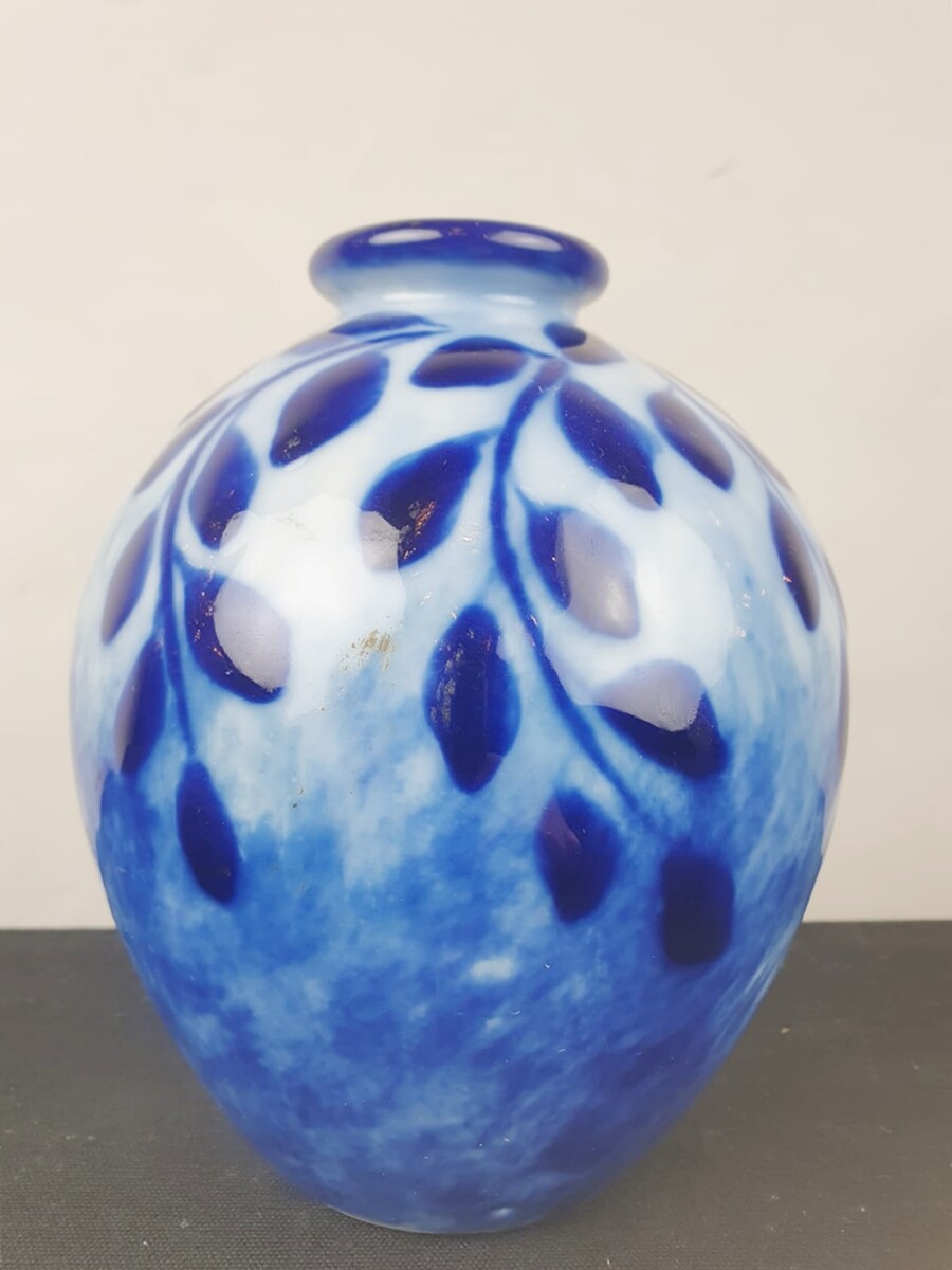 THARAUD Camille, small blue and white enameled earthenware vase