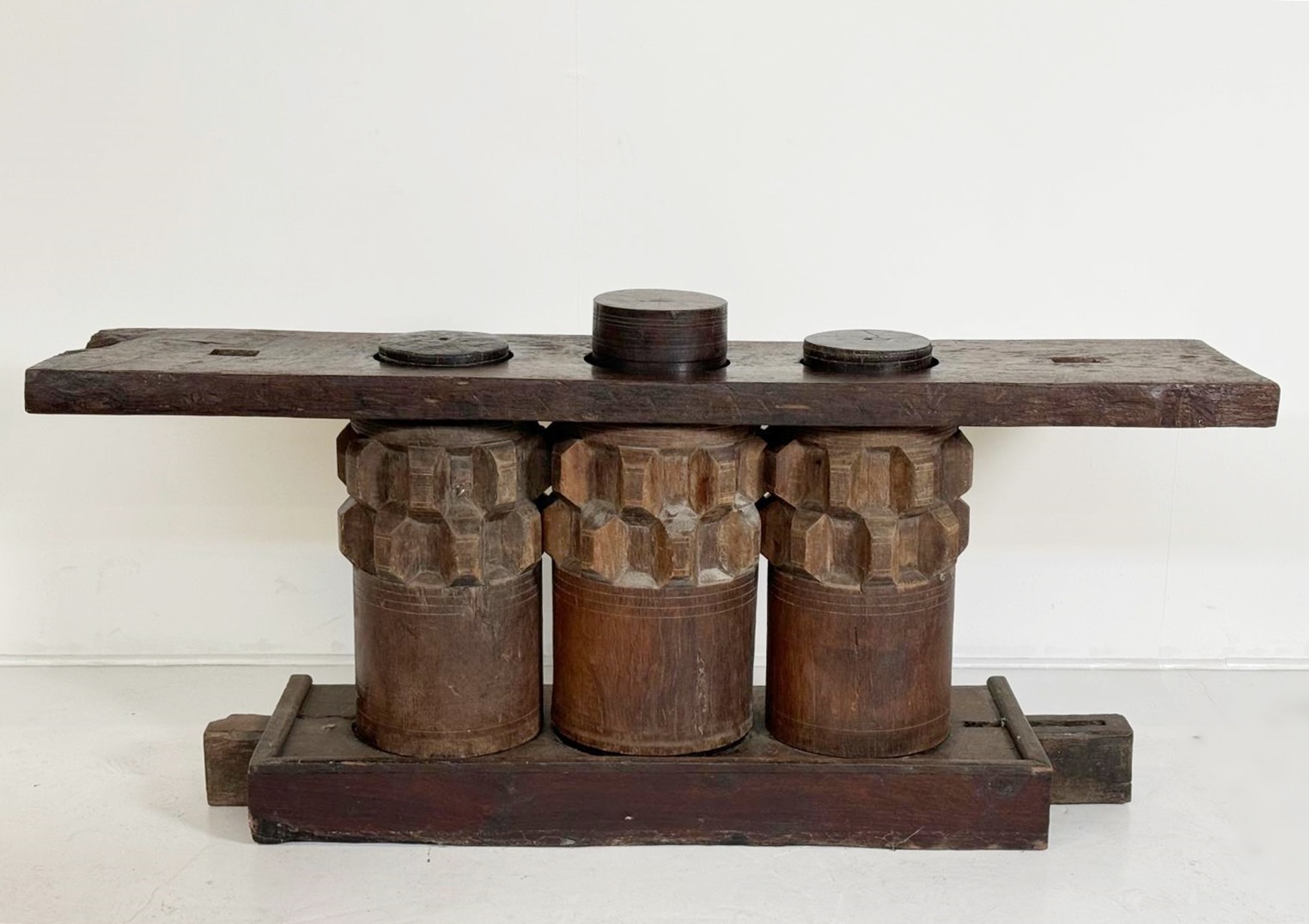 Wooden Console Made Of Sugar Cane Crusher Elements. 