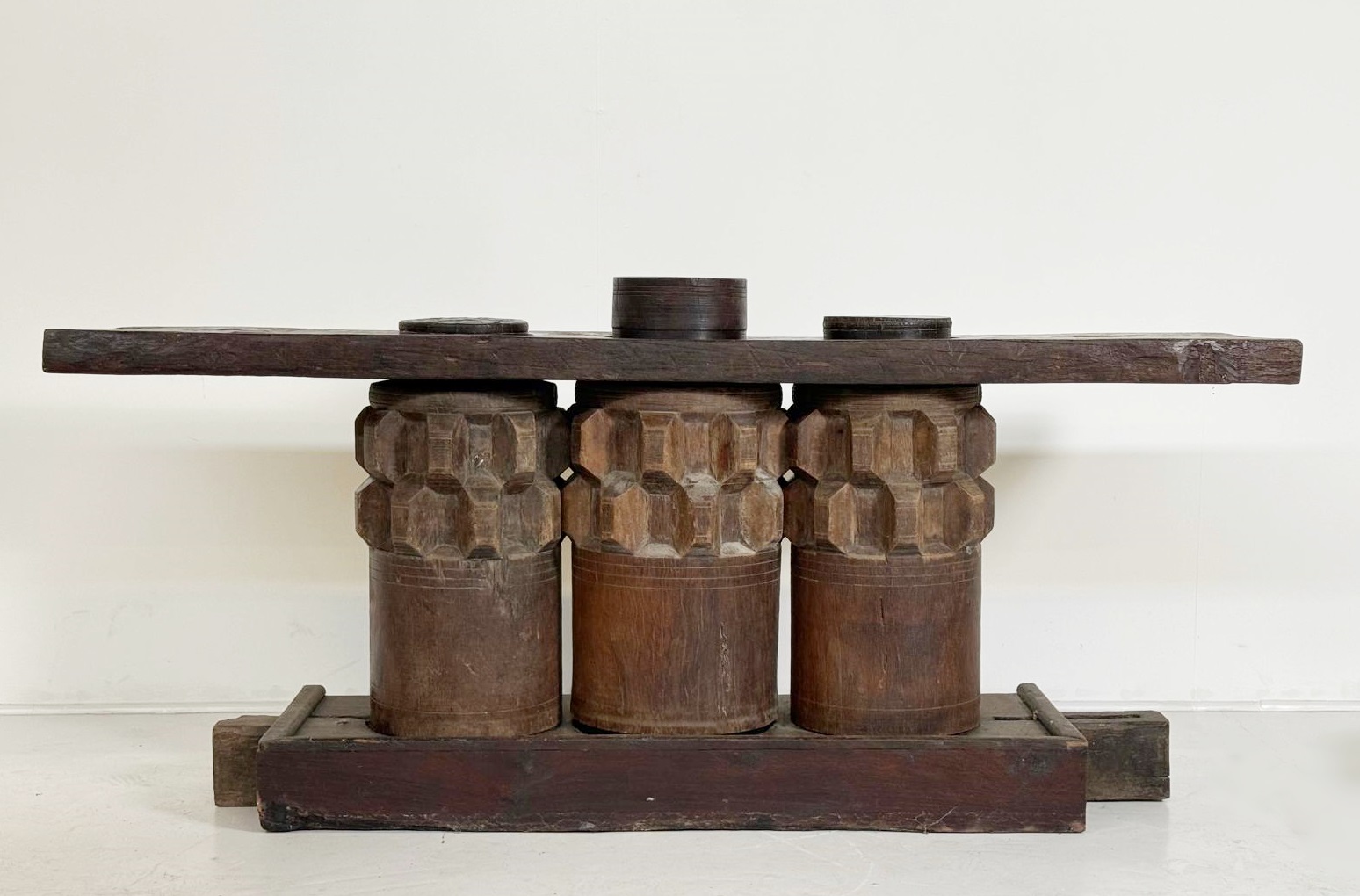 Wooden Console Made Of Sugar Cane Crusher Elements. 