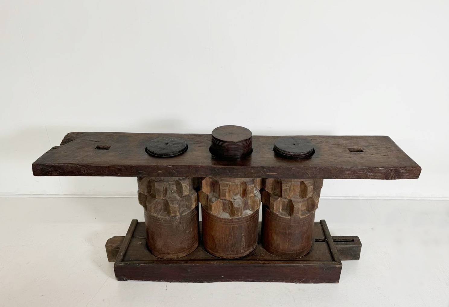 Wooden Console Made Of Sugar Cane Crusher Elements. 