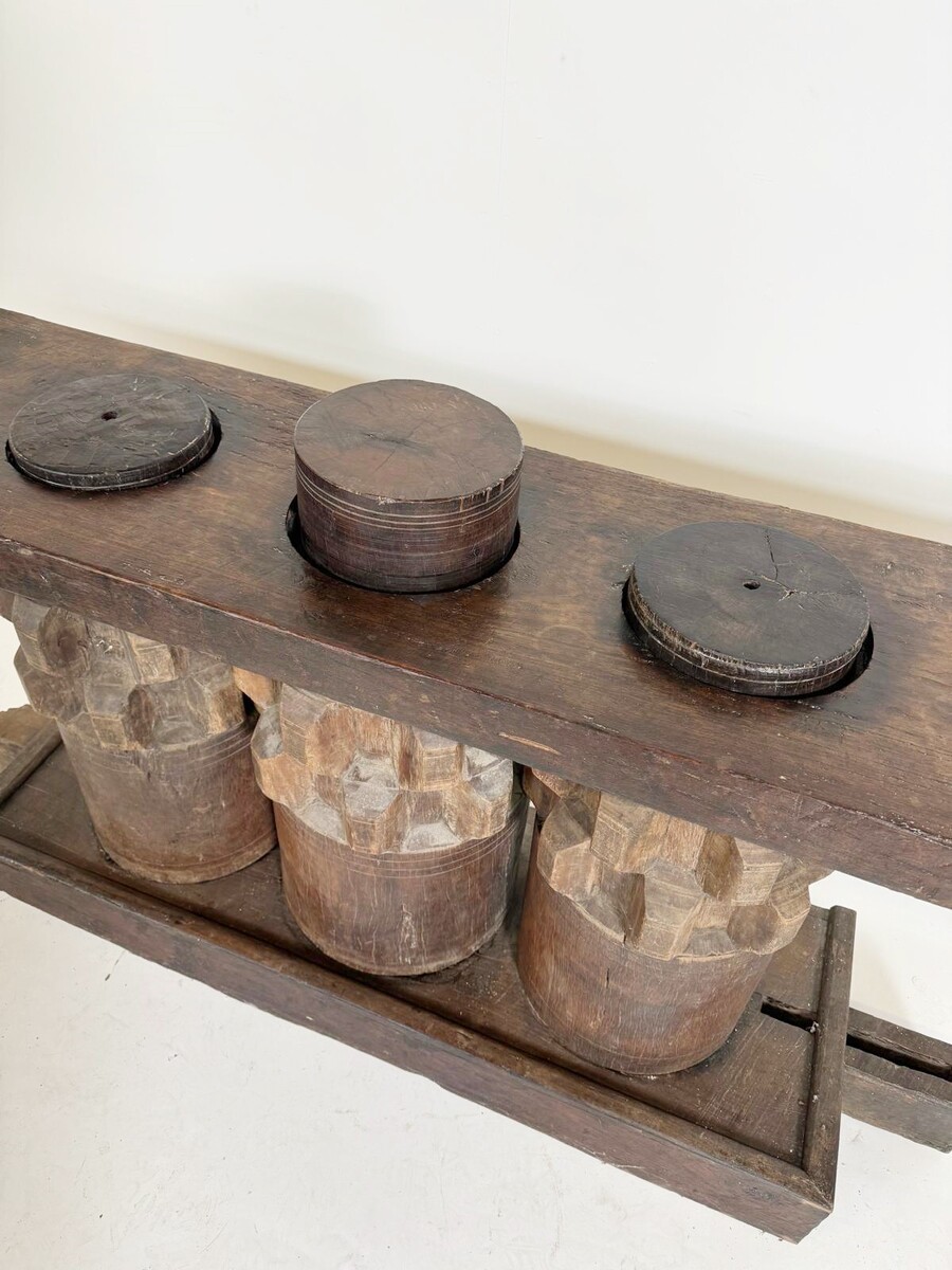 Wooden Console Made Of Sugar Cane Crusher Elements. 