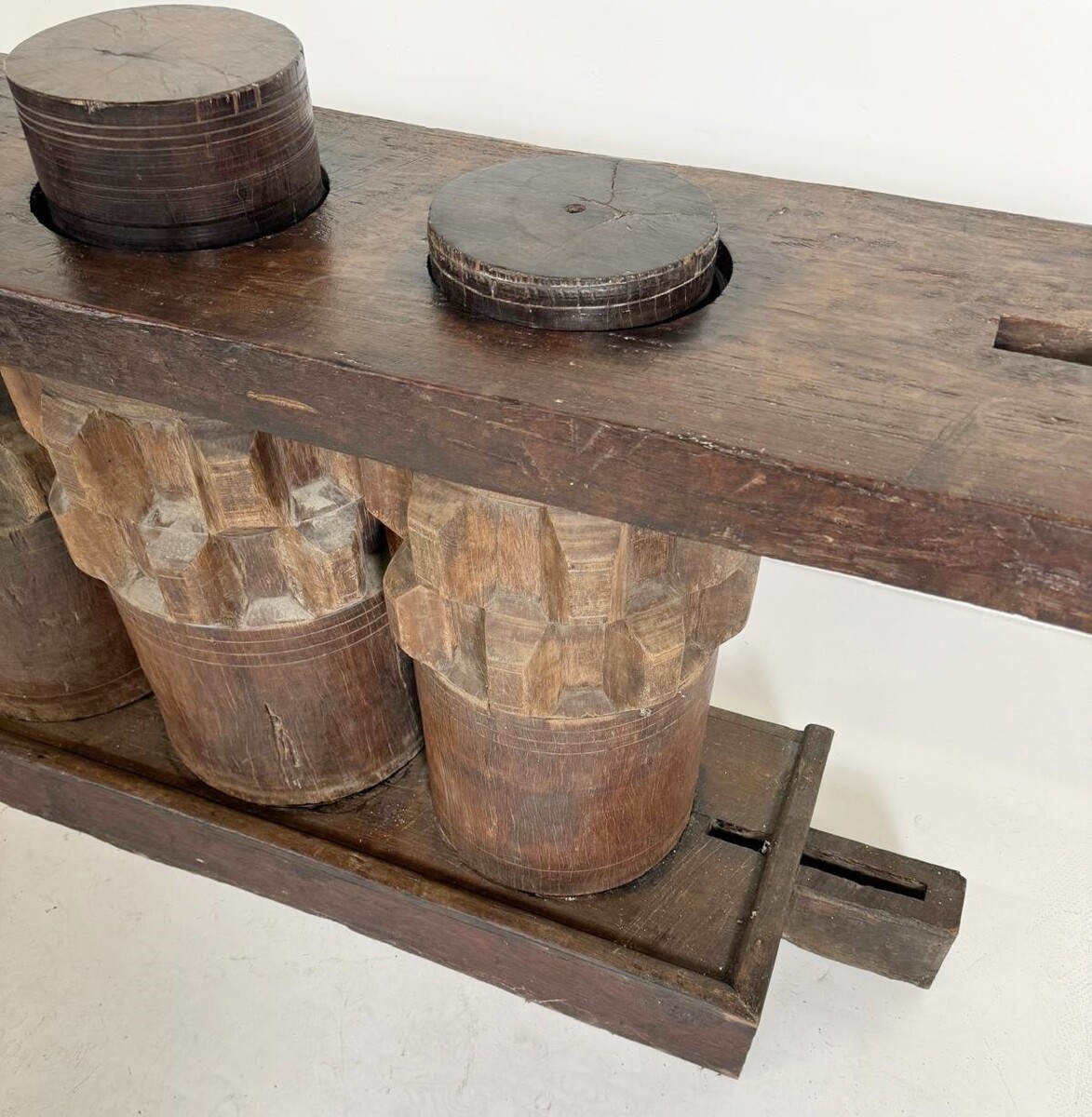 Wooden Console Made Of Sugar Cane Crusher Elements. 