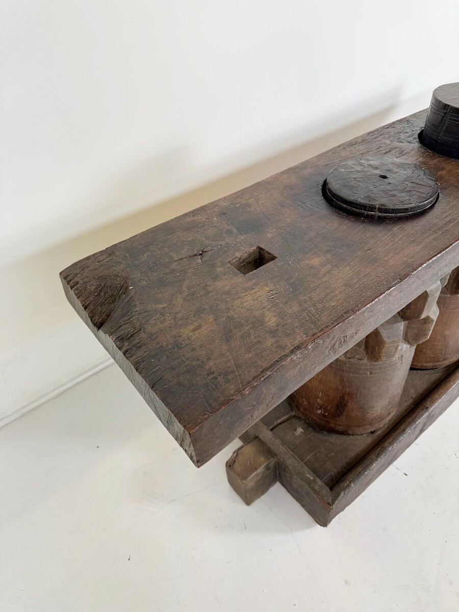 Wooden Console Made Of Sugar Cane Crusher Elements. 