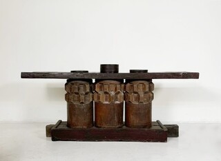 Wooden Console Made Of Sugar Cane Crusher Elements. 