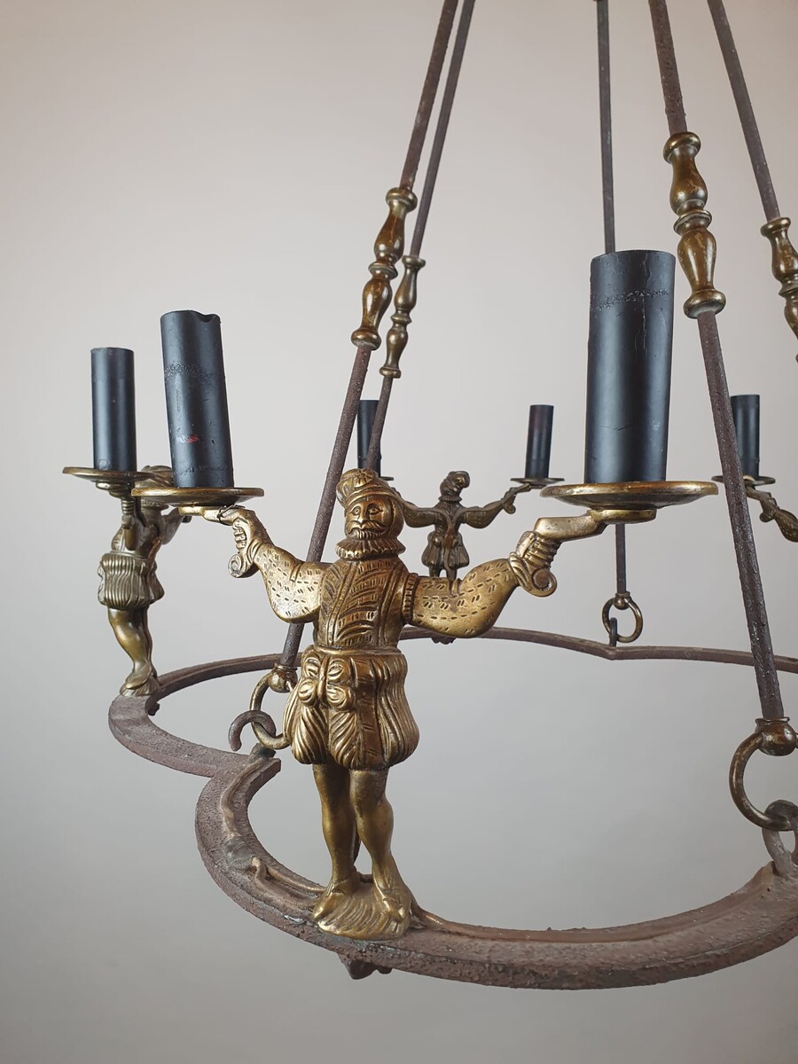 Wrought iron and bronze chandelier, late 18th century