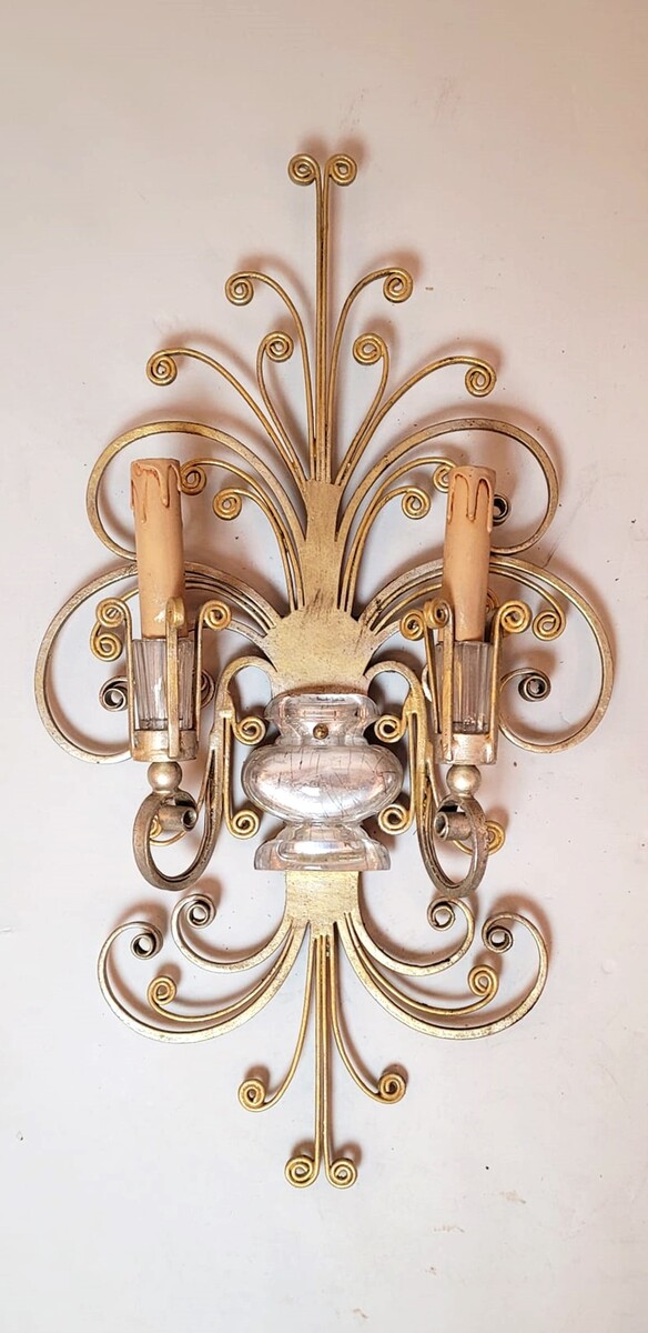 Wrought iron and silver wall lamp - Maison Baguès