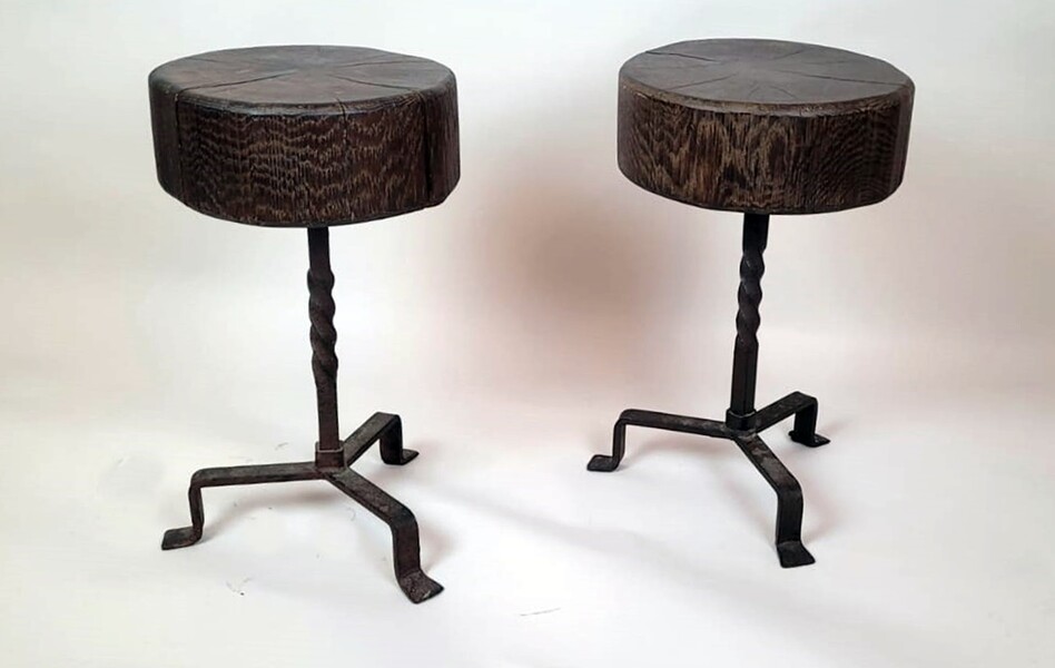 Wrought iron and wenge stools - brutalist style - circa 1970