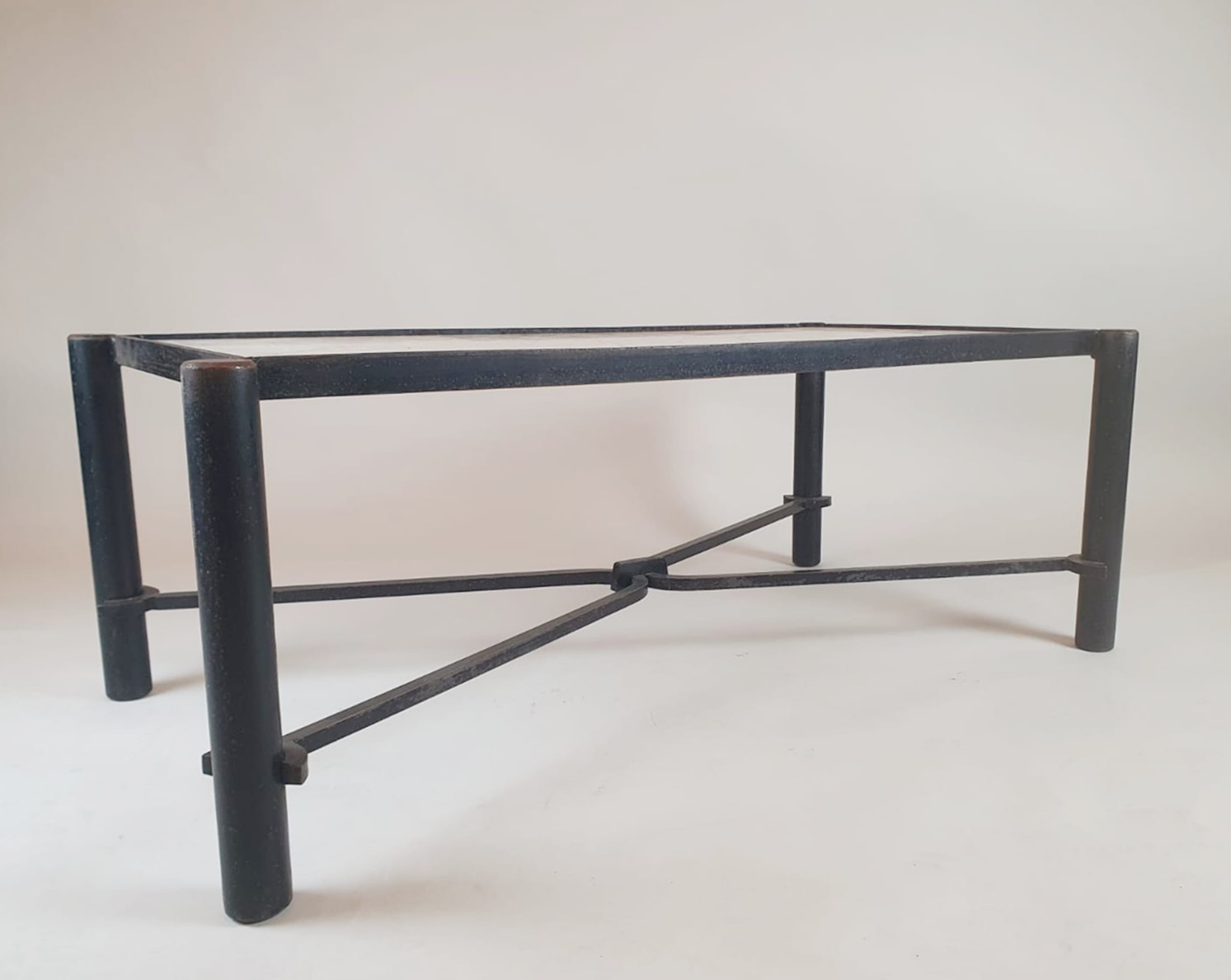 Wrought iron coffee table with marble top, circa 1970